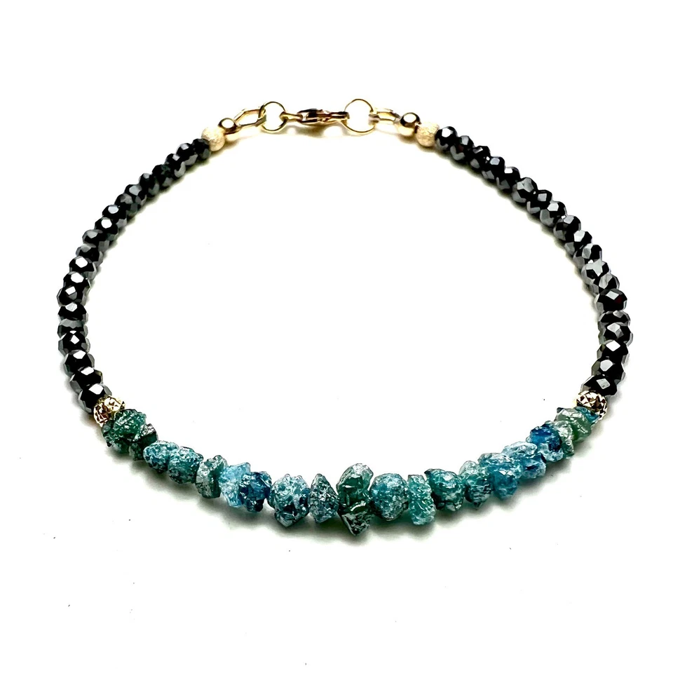 Natural Black and Rough Blue Diamond Bracelet Solid 18K Gold , 7.2" Long - Image 2 of 4