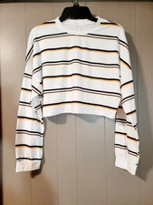 Romwe Womens Long Sleeved Crop Top Sz S Blk Orange Stripe Y2K Streetwear