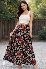 Vintage 90s IVY 100 Rayon Maxi Skirt Sz M Wooden Buttons Paisley Floral Boho US
