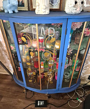 Blue Curved Glass-Front Drinks Cabinet Freestanding 2 Doors 110x110x30cm