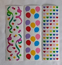 3 Strips1980s Mrs. Grossman's Stickers Balloons; Hearts; Confetti Ribbons Vtg