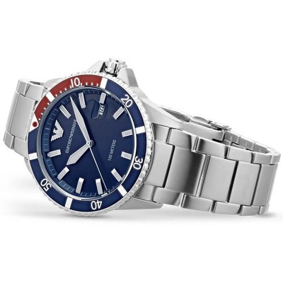 NEU EMPORIO ARMANI HERREN UHR AR11339 BLAUES ZIFFERBLATT & EDELSTAHL SILBER ARMBAND
