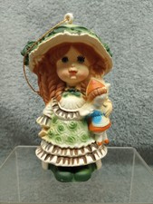 Vintage Holly Hobbie Style Girl And Dolly Ornament Green Dress & Bonnet 
