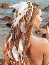 Boho Feather Headband Indian Hippie Headbands White Gypsy Headpiece Hair Band...