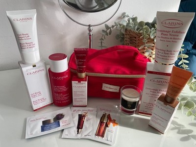 GESCHENK | SET großes Clarins Hautpflege Beauty Paket in Clarins Red Tasche Neu mit Etikett