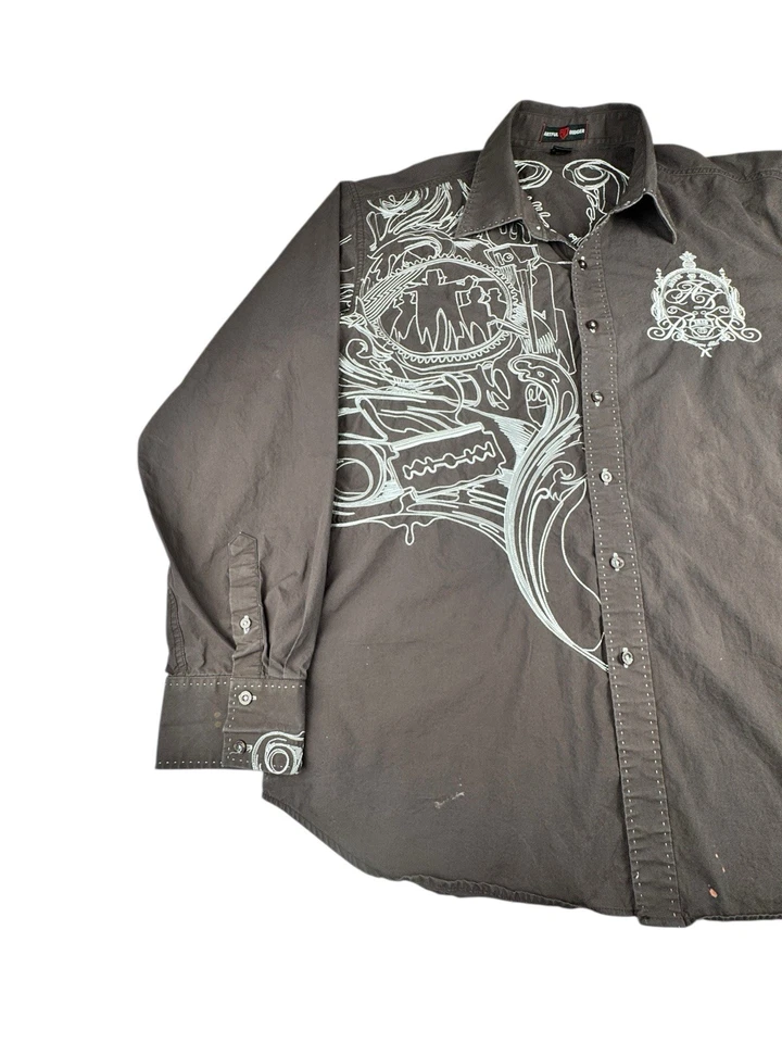 Camisa Y2K ARTFUL DODGER Marrón Bordada Con Botones Manga Larga Para Hombre Talla 2XL Foto 4 de 4