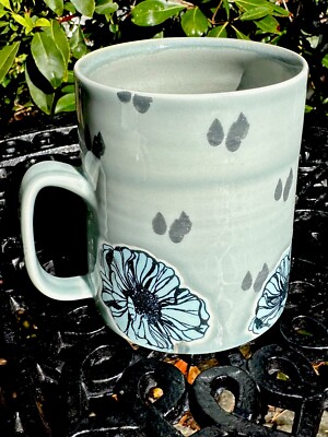 CITY IN BLOOM Mug Raindrops and Flowers Handcrafted Wheel Thrown  16oz NWOT