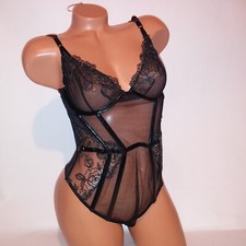 Victoria Secret Lingerie Teddy One Piece Bodysuit Large Black Gold Boned Cutout