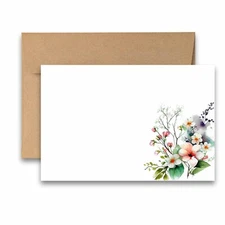 12 Flat Note cards with Envelopes, Floral Stationery Set - Watercolor Flowers