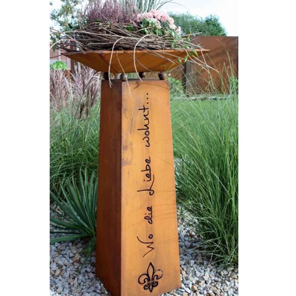 Dekosäule "Wo die Liebe wohnt" - Metall Gartendeko Rost Säule mit Blumenschale - Bild 3 von 3