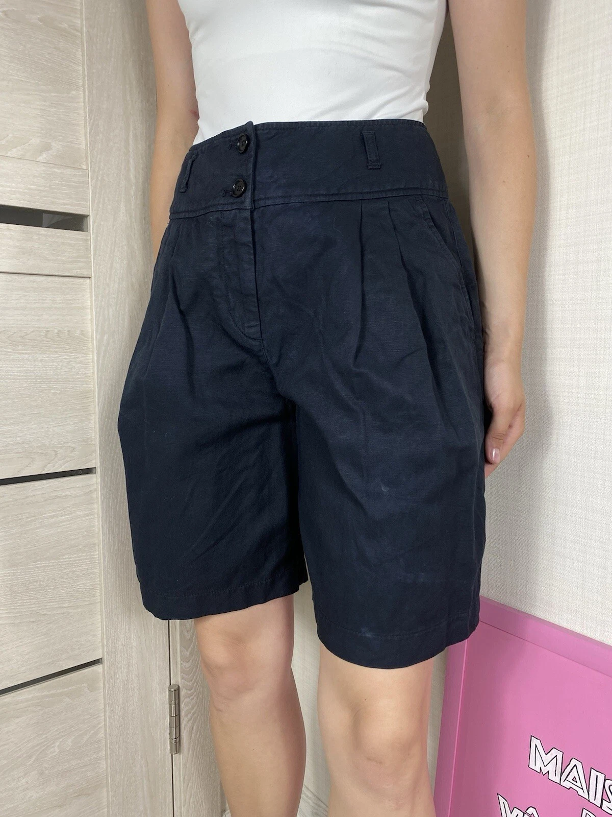 Aspesi Mini Rogue Bermuda Shorts Linen Navy Button Accent Belt Looped High M