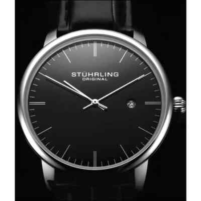 Stuhrling 3997 2 Quartz Rasa Date Black Embossed Leather Strap Mens Watch