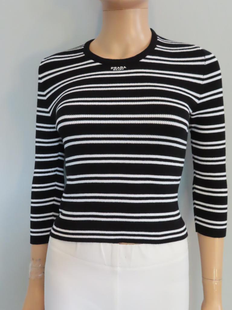 NWOT PRADA Black/White Striped Logo Embroidered Pullover Sweater