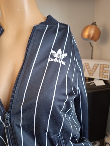 (B*) Adidas Zipped Striped Navy Track Top Size 8 Mesh Lined Great Used Conditio - Picture 3 of 8