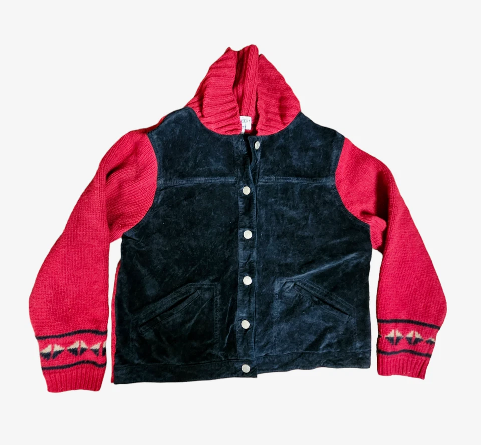 Pendleton Aztec Lambs wool Knit Suede Leather Snap Front Jacket L Red Black VTG - Image 2 of 4