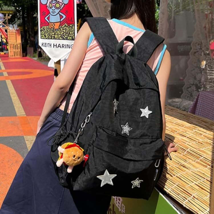 Y2K Aesthetic Backpack Stars Pattern Preppy Laptop Bag Black