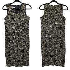 Kasper Geometric Print Sleeveless Sheath Dress 6 Black Brown 3D Ribbon Neckline