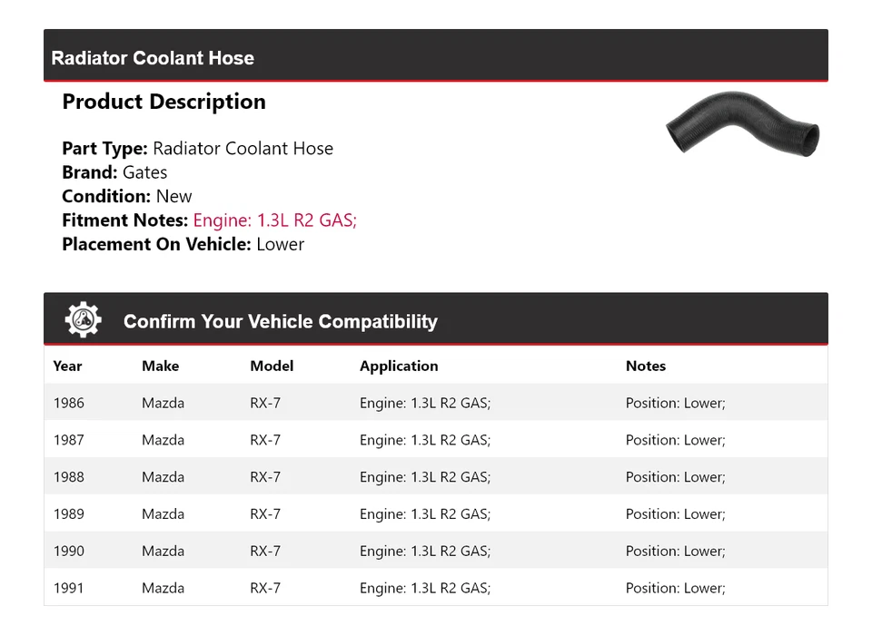 Para 1986-1991 Mazda RX-7 1.3L R2 GÁS Radiador Refrigerante Mangueira Portões Inferiores 1987 1988 - Imagem 2 de 4