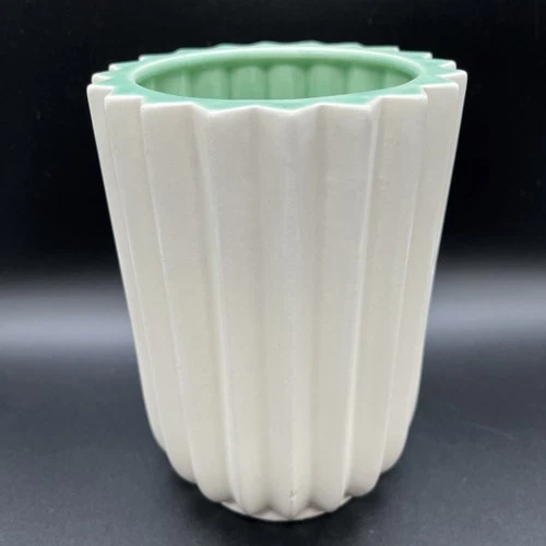 Vintage Red Wing Ribbed Fluted Vase 1170 USA, White Outside With Lt Green Inside