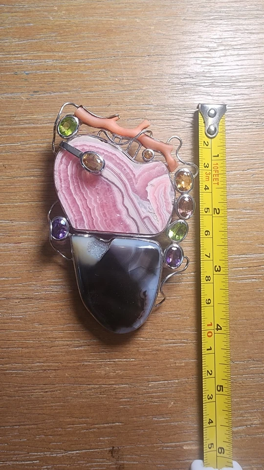 Colgante artesanal gigante de plata de ley - rodocrosita, coral, amatista, peridoto... Foto 4 de 4