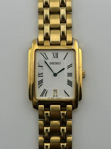 RARE Vintage Seiko Tank Watch Date Gold Roman Numerals Dress Sports Jewellery