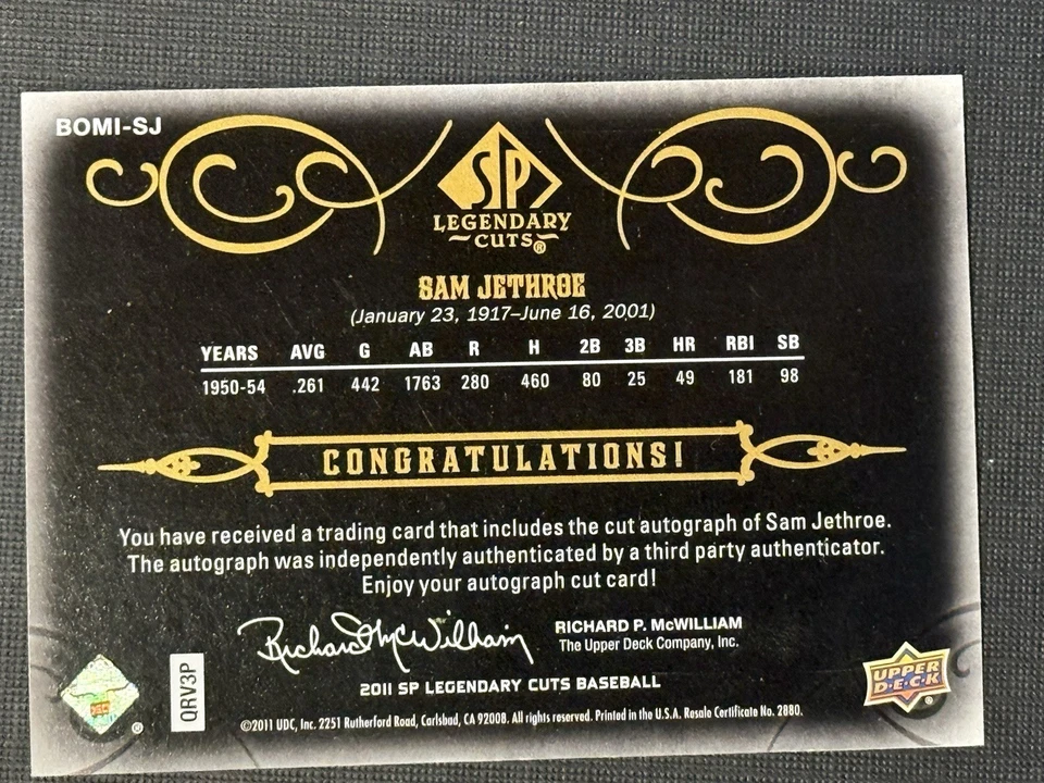 2011 SP Legendary Cuts Legendary Cut Signatures Sam Jethroe 10/10 - Image 2 of 2