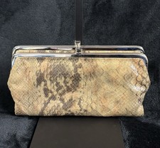 HOBO International Lauren Snake Print Leather Double Frame Clutch Wallet Tan