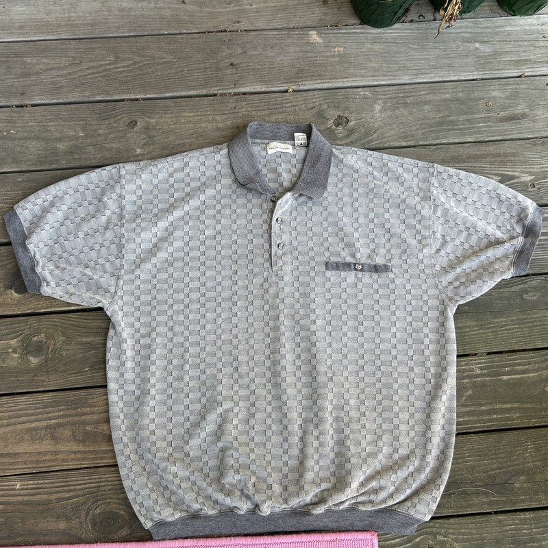 Vintage Falls Creek Jacquard Knit Polo Shirt Mens 3XL Gray Checkerboard Pocket