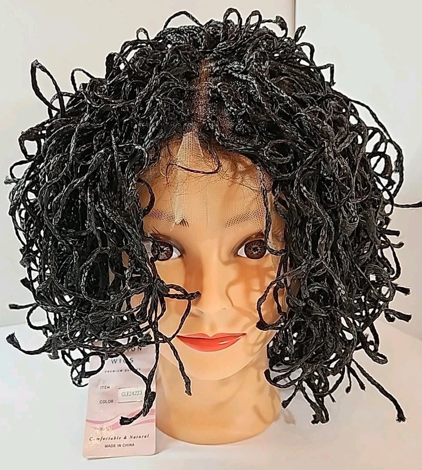 NUEVA PELUCA BOB MICRO TRENZAS RIZADAS DE 12" doble encaje completo con locos torcidos para cabello de bebé #1B Foto 2 de 4