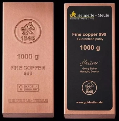 "Heimerle und Meule" Kupferbarren 1 Kg 999 Feinkupfer mit Zertifikat, foliert - Bild 1 von 4