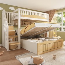 Triple Sleeper Bunk Bed 4ft6 Double & 3ft Single Wooden Bed w/ Hydraulic Storage