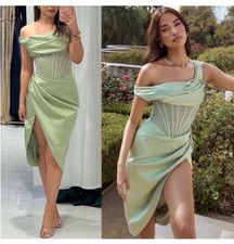 House of CB Lulu Corset One-Shoulder Mesh Satin Midi Dress Pistachio Green Small