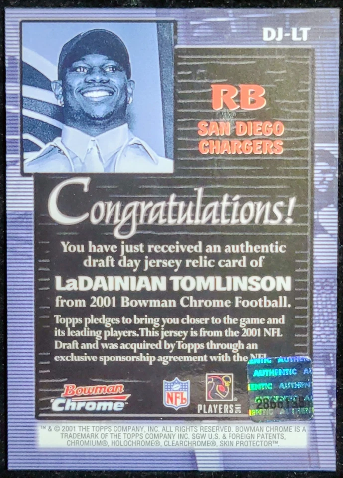 LaDAINIAN TOMLINSON 2001 Bowman Chrome NFL Draft Rookie RC Jersey Relic #DJ-LT - Image 2 of 3