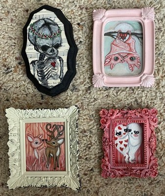 Mini Spooky Love Original Art Set of 4 - Love Ghosts, Bats, Deer & Skeleton CUTE