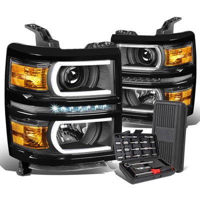 For 2014-2015 Silverado 1500 LED Black Amber Side Projector Headlights+Tool Box