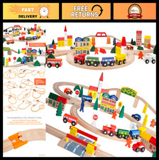 Wooden Train Set 100 pcs with City Blocks, Triple Loop Magnetic Trains Tracks,