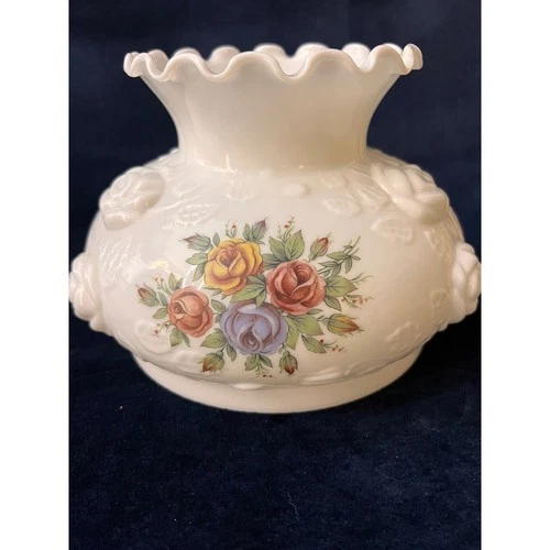 Vintage Fenton Milk Glass Floral Lamp Shade Embossed Rose Ruffle Top 7" Fitting
