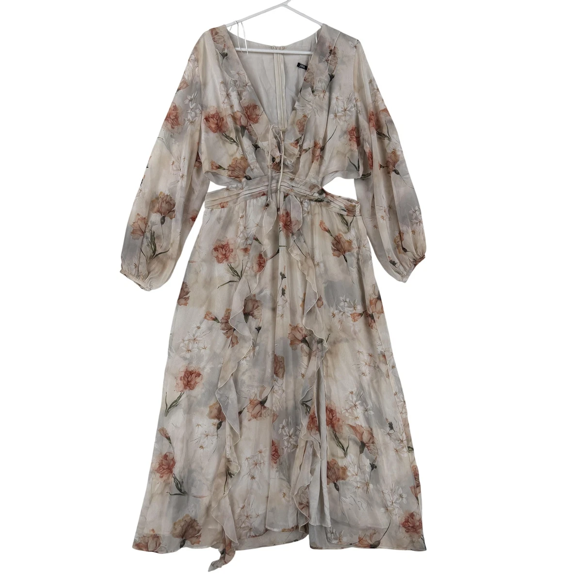 knee length dresses for ladies Zara Floral Print Silky Texture Long Sleeve Button Front Shirt Maxi Dr –  Letay Store main image 1