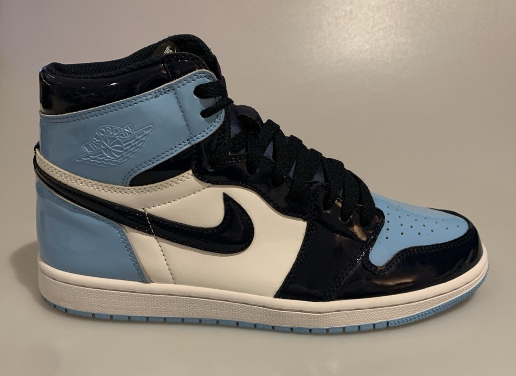 Mens Nike Air Jordan Retro High OG UNC Patent Blue Trainers UK