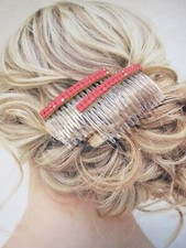 Double Row Coral color rhinestone crystals side hair comb pair, dance comb pair