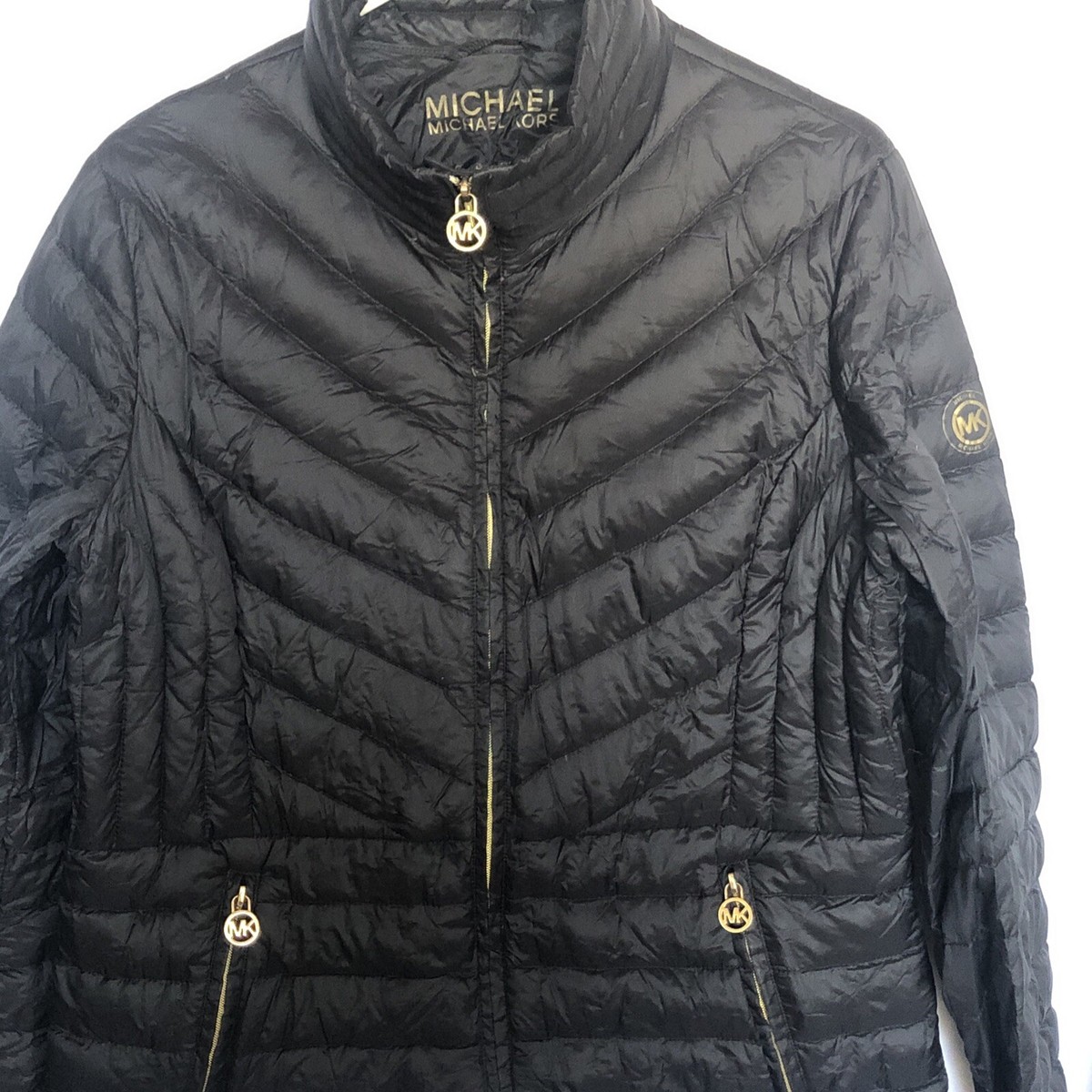 Michael Kors Black Gold MK Logo Quilted Down Packable Puffer  