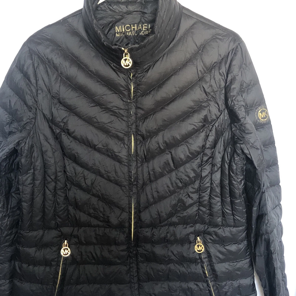 Michael Kors Black Gold MK Logo Quilted Down Packable Puffer 