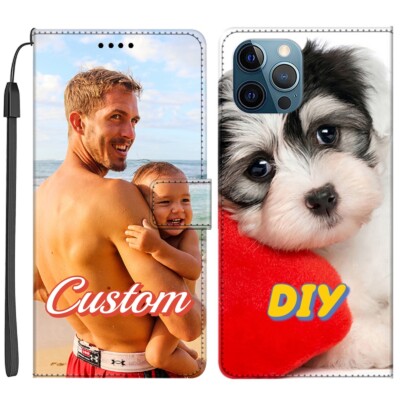 Custom Flip Wallet Leather Case Cover Personalized For iPhone Samsung Galaxy