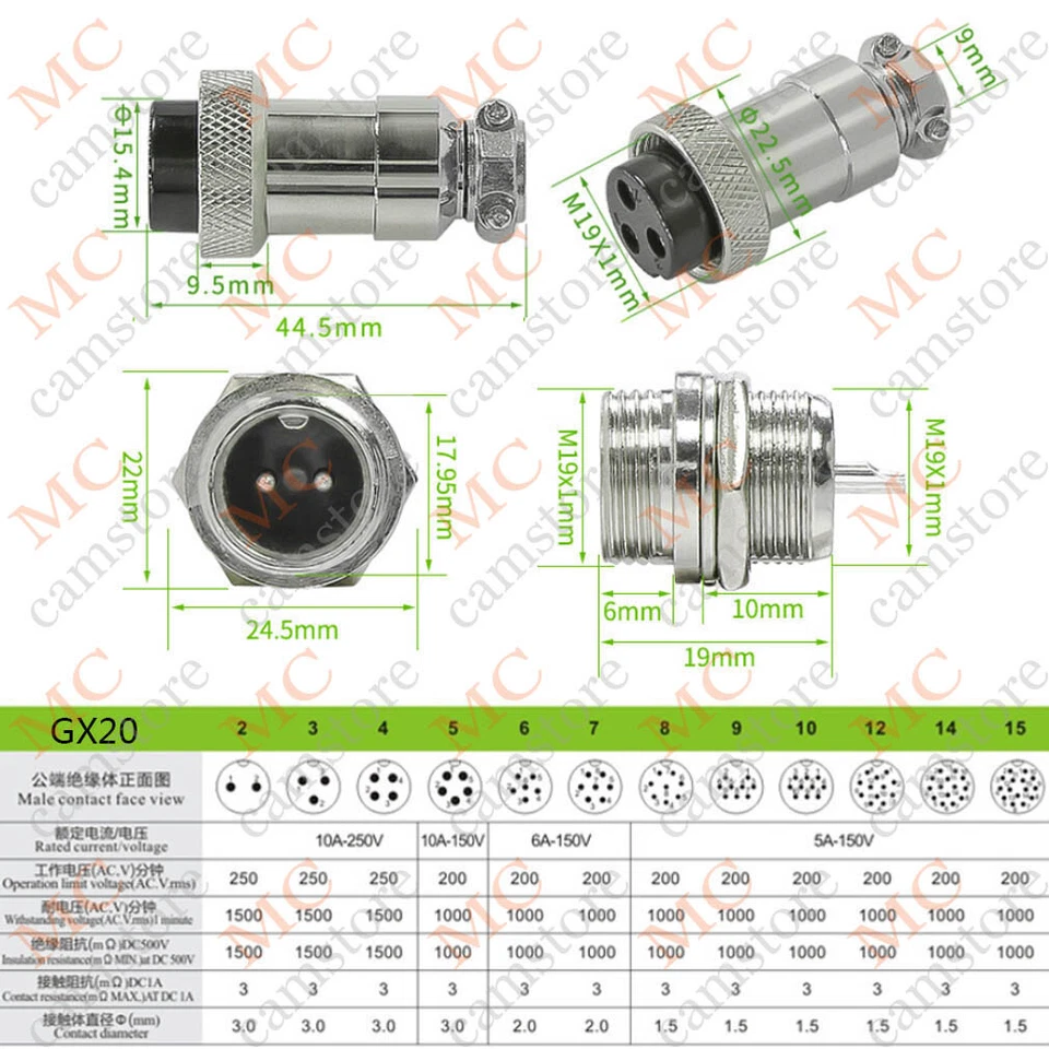 GX20 4pin Aviation Plug Metal Male + Female Panel Cable Connector, Bulkhead Plug - Image 2 of 4