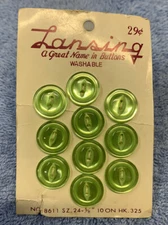 Vintage Lansing Two Holes Flat Button New Old Stock #8611 Sz 24 Green Round 5/8”