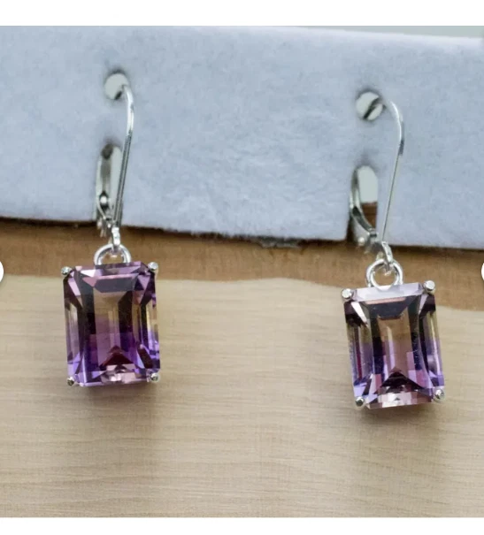 Natural  Ametrine Emerald Cut  Drop Dangle Earrings 14K White Gold Plated - Image 2 of 3