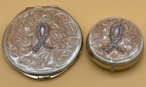Purse Compact Mirror/ Magnified & Pill Box Pink Swirl Breast Cancer Awareness