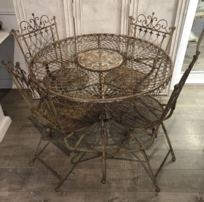 Rustic French Vintage Metal Outdoor Setting Table 4 Chairs Rustic French Vintage Metal Outdoor Setting Table 4 Chairs