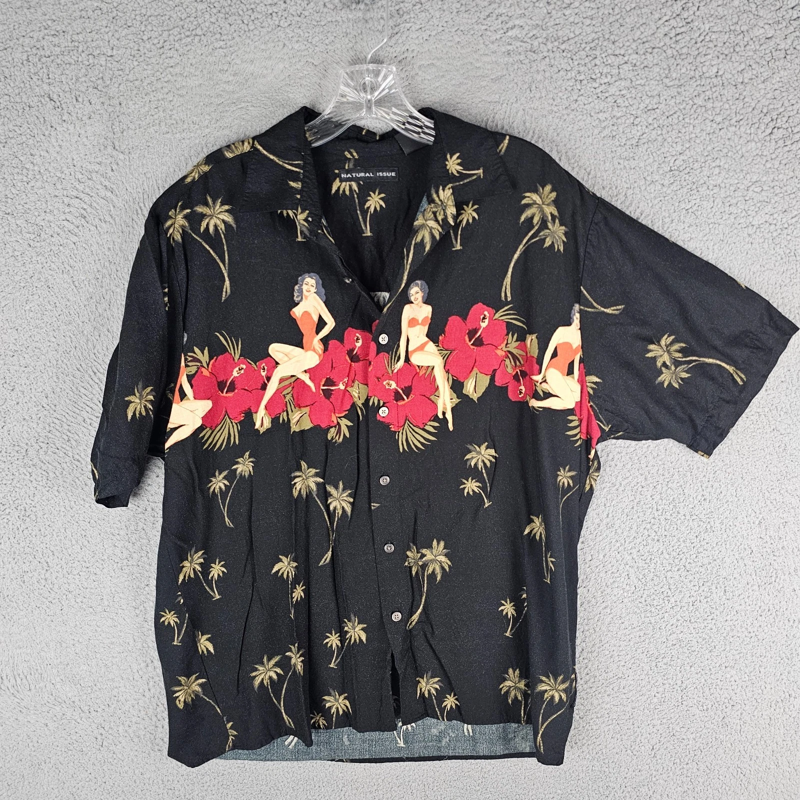 Natural Issue Hawaiian Shirt Mens Medium Black Aloha Bathing Beauties Hibiscus