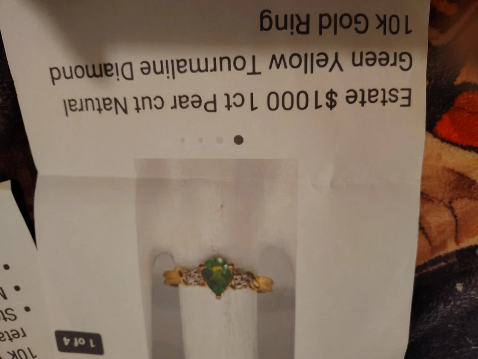 1ct Pear Cut Natural Green Yellow Tourmaline Diamond 10k Gold Ring - Image 3 of 4